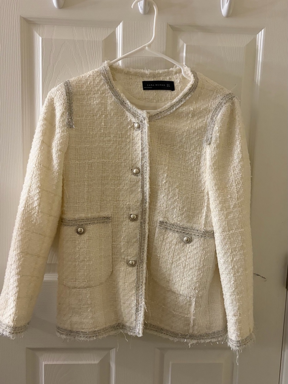 Zara Cream Bouclé Pearl-Button Collarless Jacket with Contrast Trim